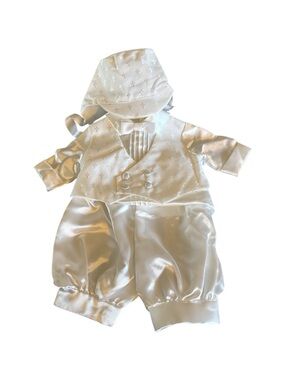 Vtg Baby Boy Christening Baptism Tuxedo Set White Satin Cross Embroidery  6-9M